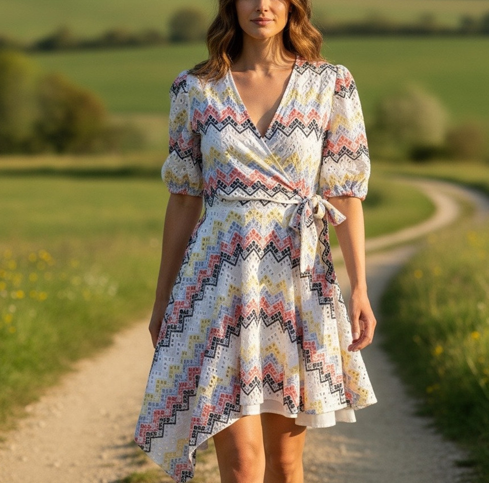 N12H White Eyelet Mini Wrap Dress XS Fit & Flare Cotton Zigzag Cottage $260